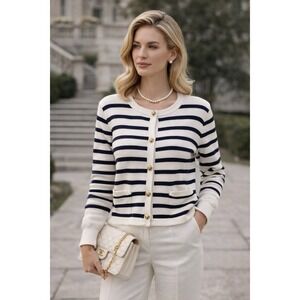 Lillusory Blazer Jacket Sz L Women's Old Money Striped Pockets Gold Buttons